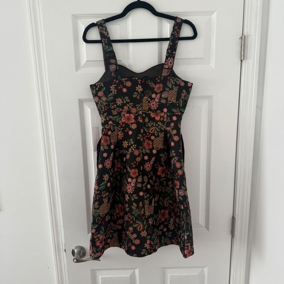 NWT ModCloth 2 Cat Print Floral Jacquard Fit and Flare Dress Sleeveless Black - Picture 6 of 10